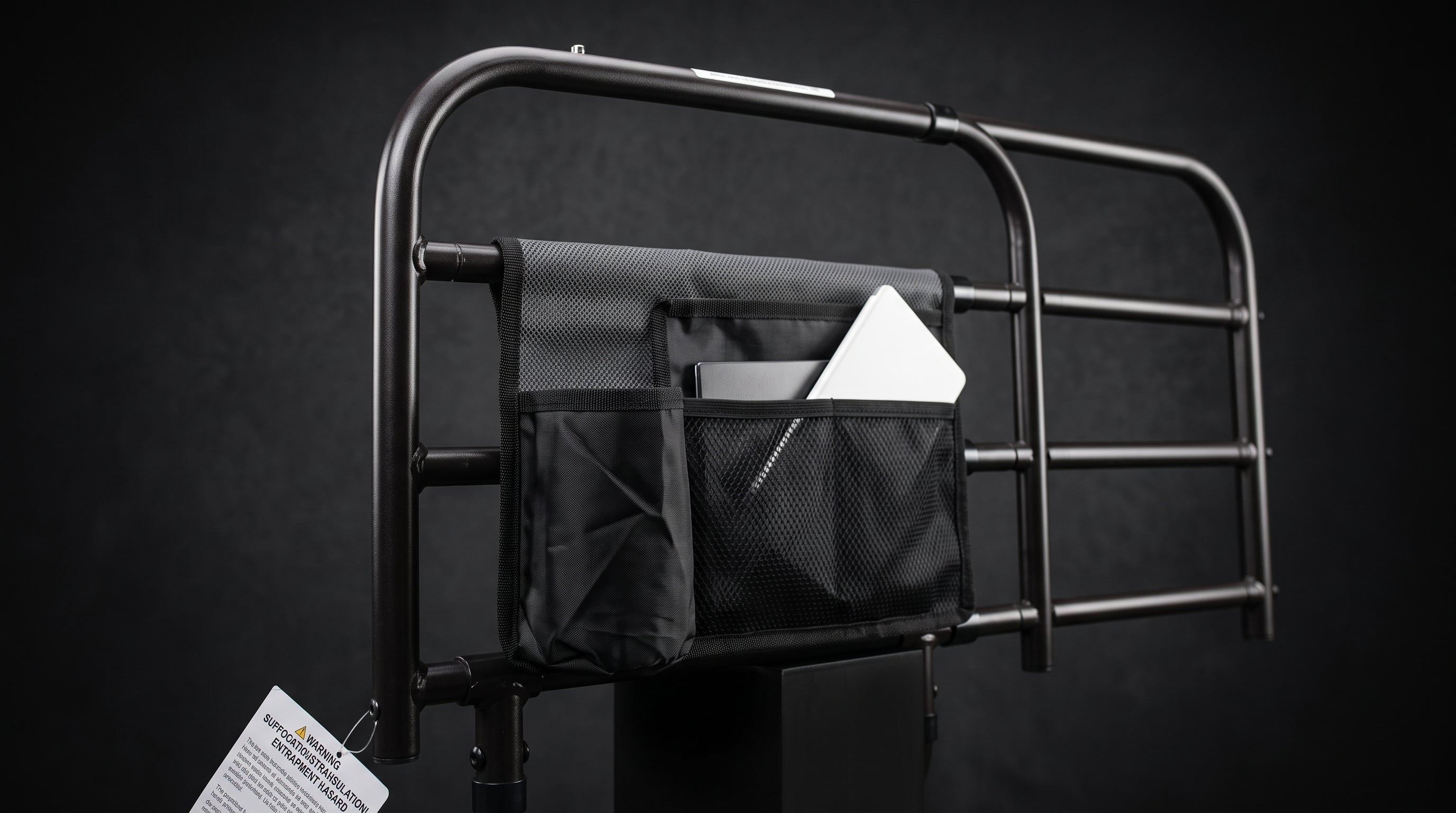 Close-up of the organizer pouch on the bed rail